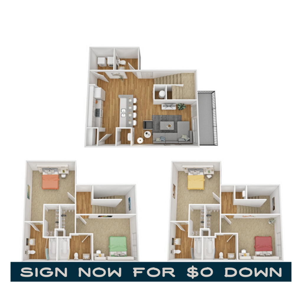 A 3D image of the 4BR/4BA – Town floorplan, a 1660 squarefoot, 4 bed / 4 bath unit