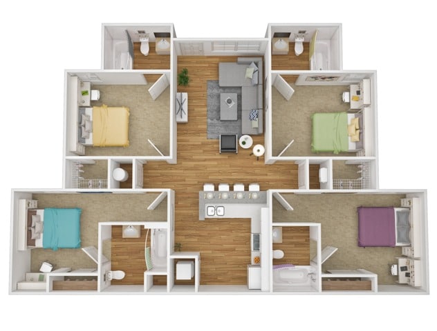 A 3D image of the 4BR/4BA – Flat LVP floorplan, a 1426 squarefoot, 4 bed / 4 bath unit