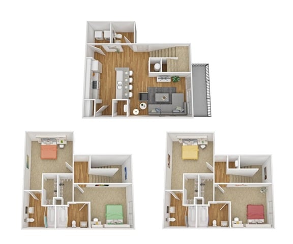 A 3D image of the 4BR/4BA – Town LVP floorplan, a 1660 squarefoot, 4 bed / 4 bath unit